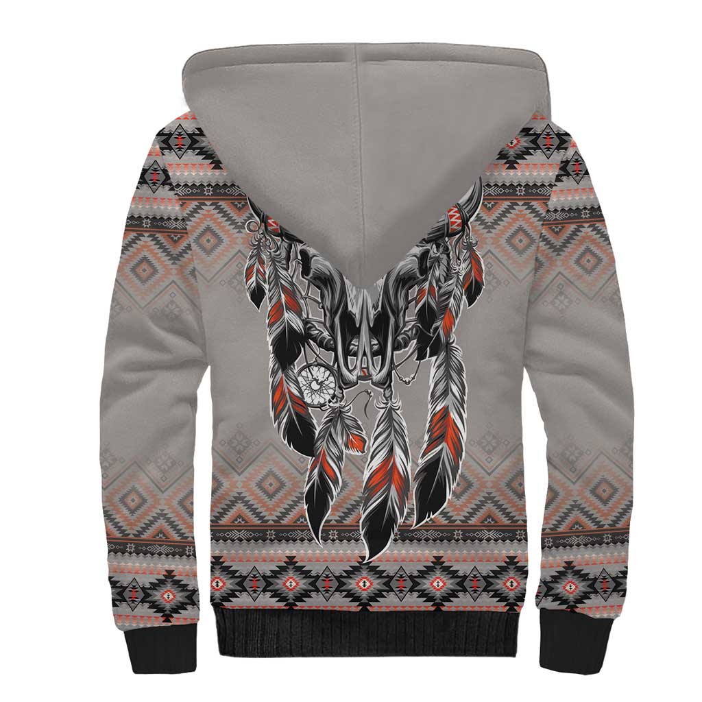 Native American Buffalo Skull Sherpa Hoodie with Dream Catchers Feathers