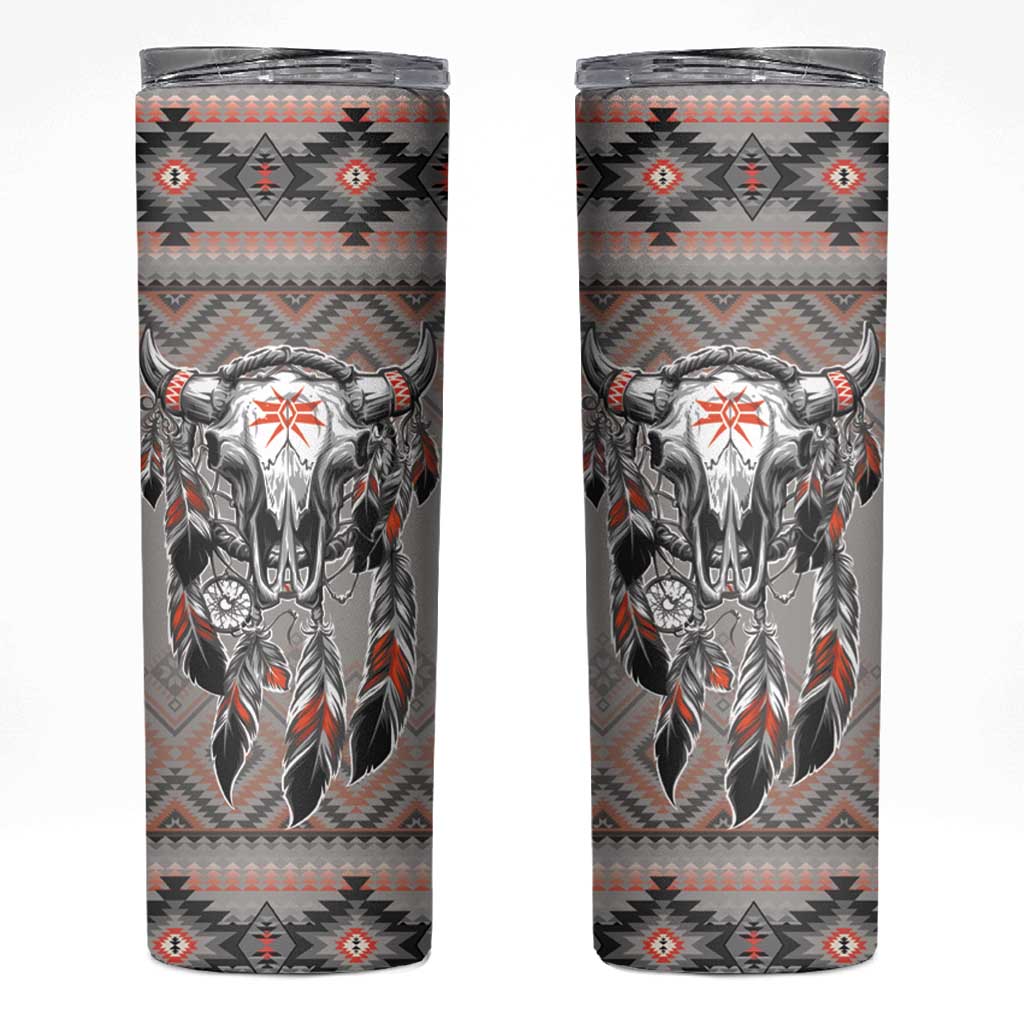 Native American Buffalo Skull Skinny Tumbler with Dream Catchers Feathers