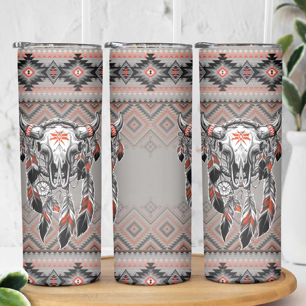 Native American Buffalo Skull Skinny Tumbler with Dream Catchers Feathers