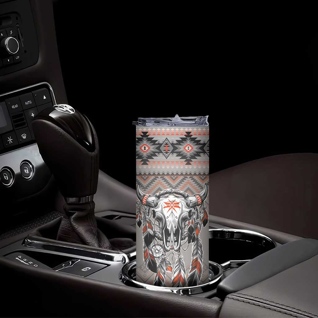 Native American Buffalo Skull Skinny Tumbler with Dream Catchers Feathers