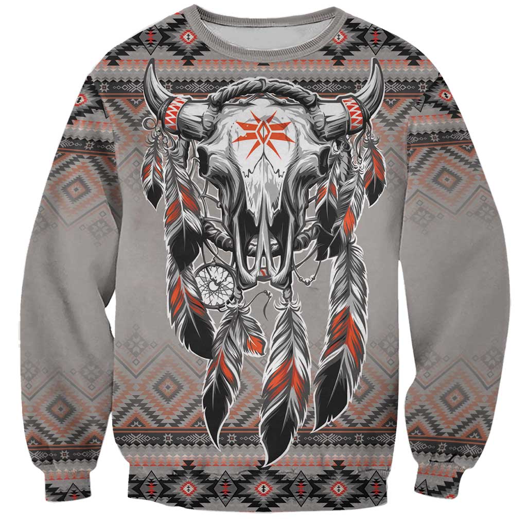 Native American Buffalo Skull Sweatshirt with Dream Catchers Feathers