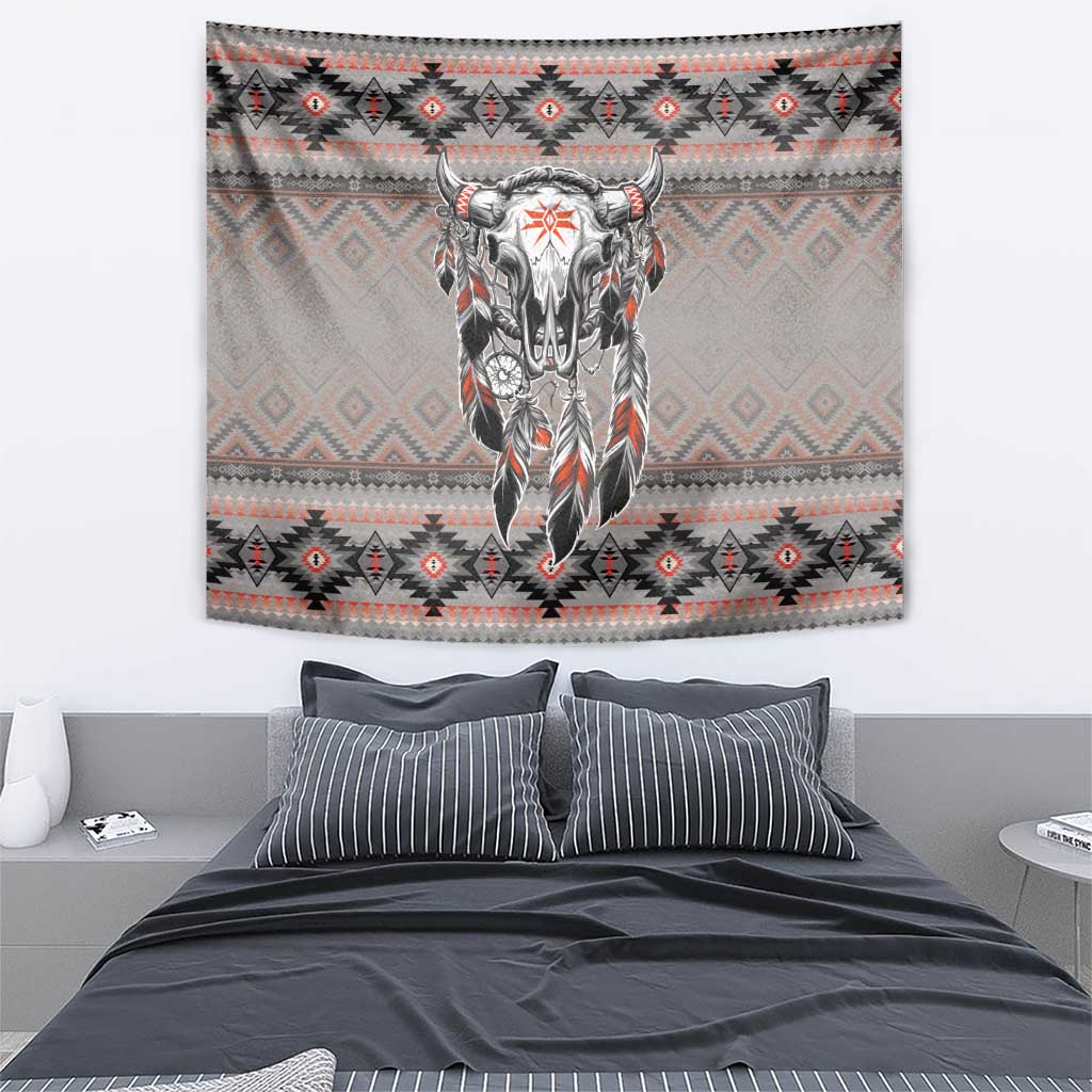 Native American Buffalo Skull Tapestry with Dream Catchers Feathers