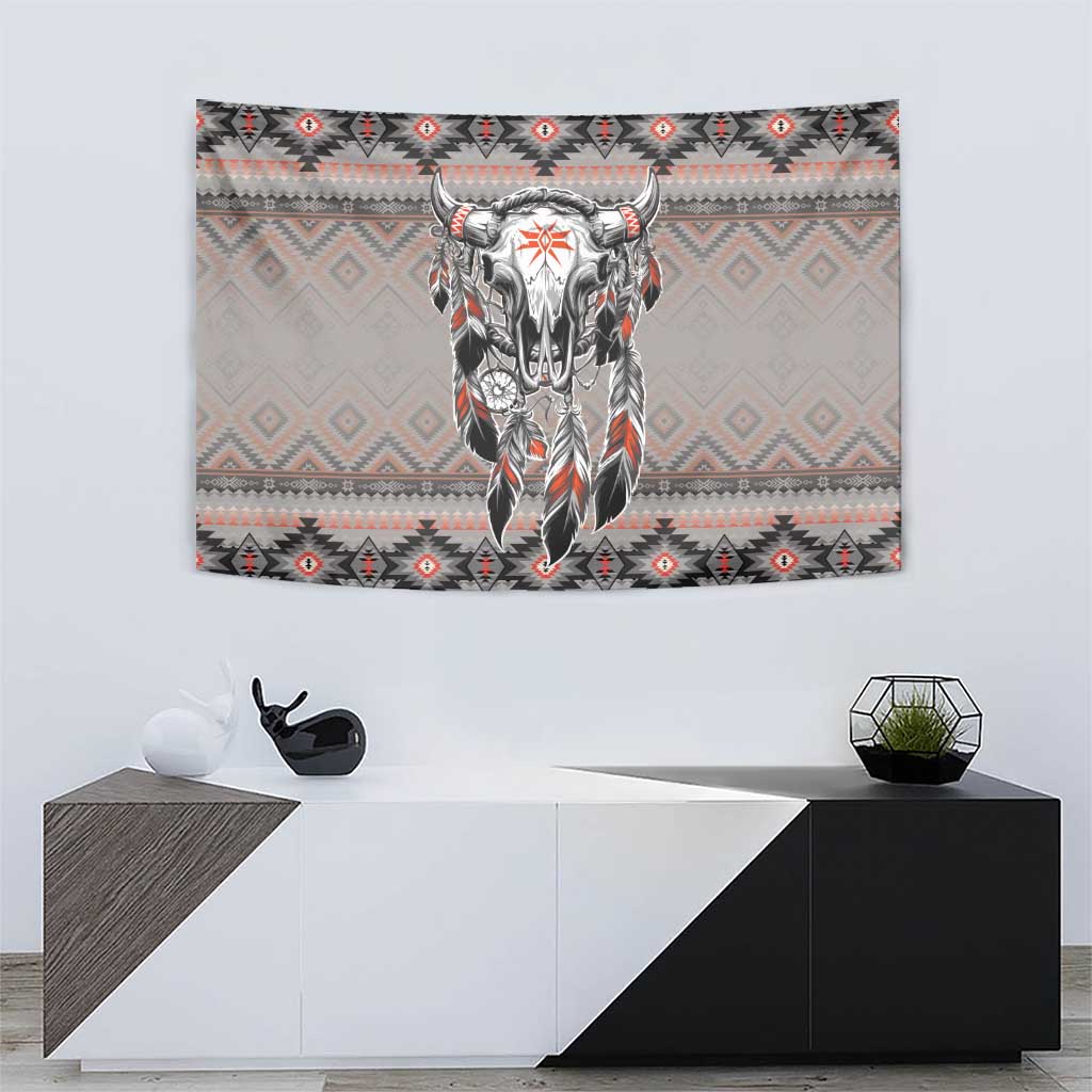 Native American Buffalo Skull Tapestry with Dream Catchers Feathers