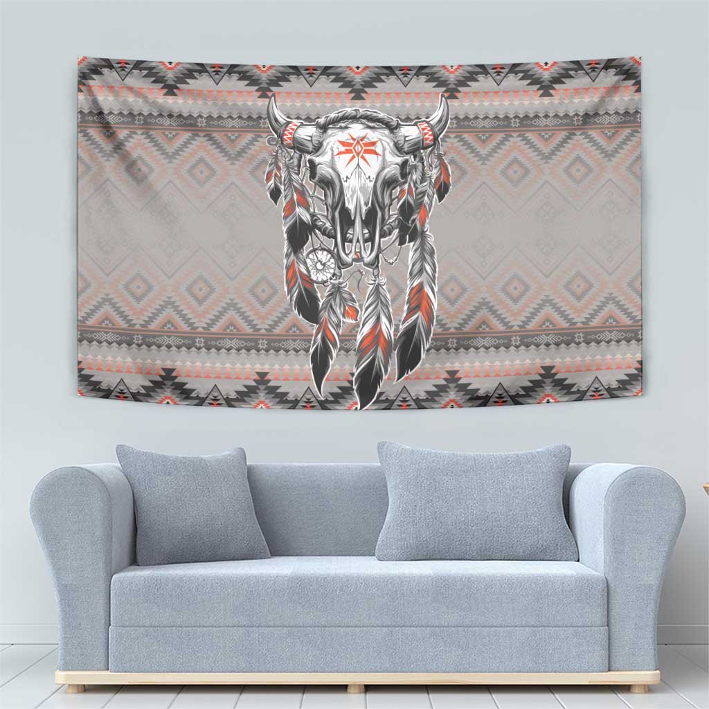 Native American Buffalo Skull Tapestry with Dream Catchers Feathers