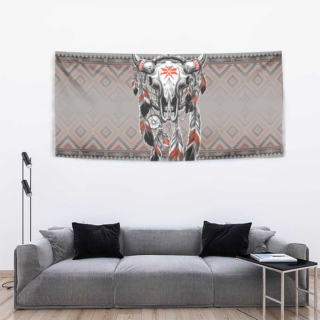 Native American Buffalo Skull Tapestry with Dream Catchers Feathers