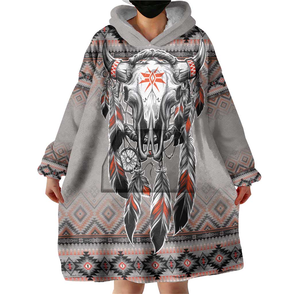 Native American Buffalo Skull Wearable Blanket Hoodie with Dream Catchers Feathers