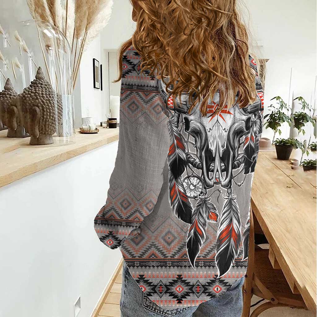 Native American Buffalo Skull Women Casual Shirt with Dream Catchers Feathers
