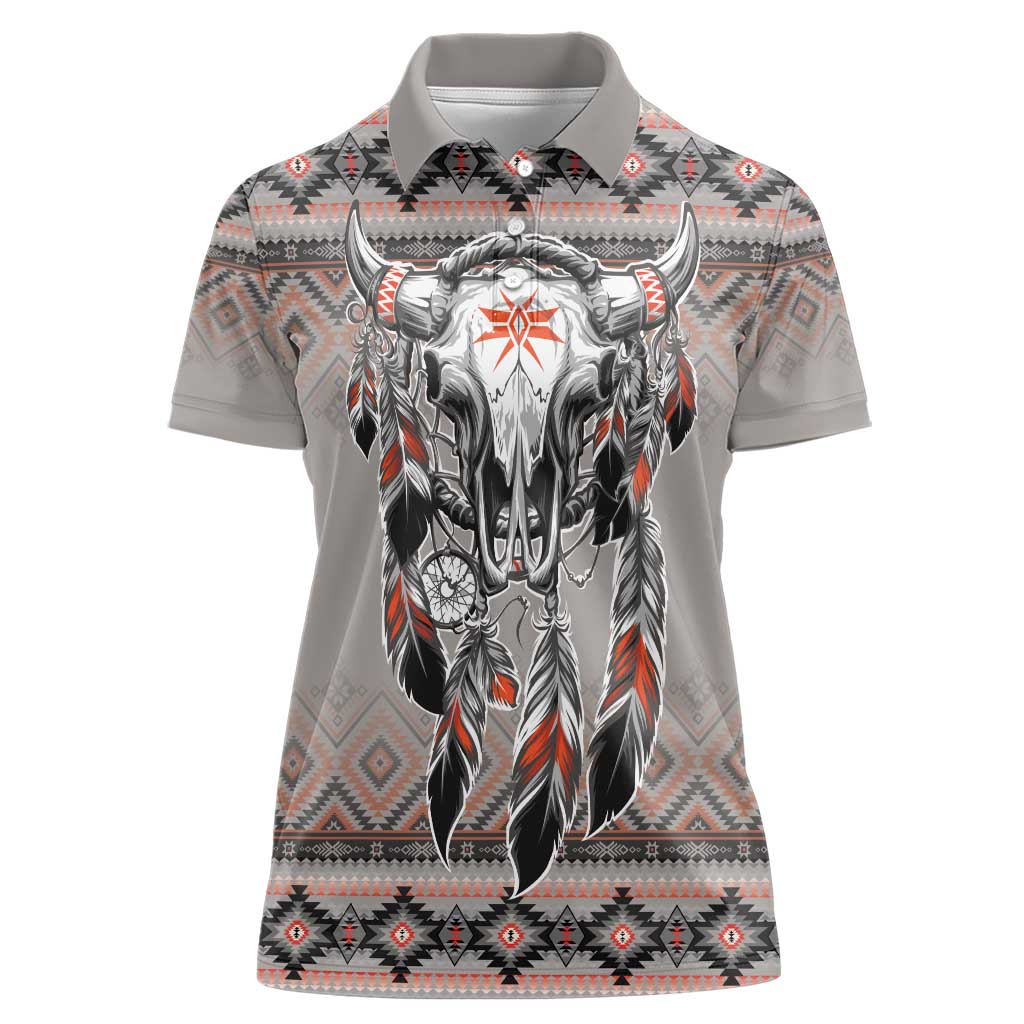 Native American Buffalo Skull Women Polo Shirt with Dream Catchers Feathers