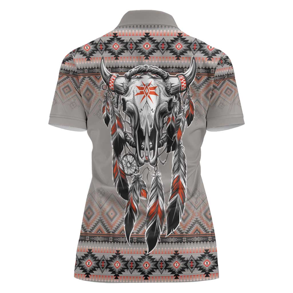 Native American Buffalo Skull Women Polo Shirt with Dream Catchers Feathers