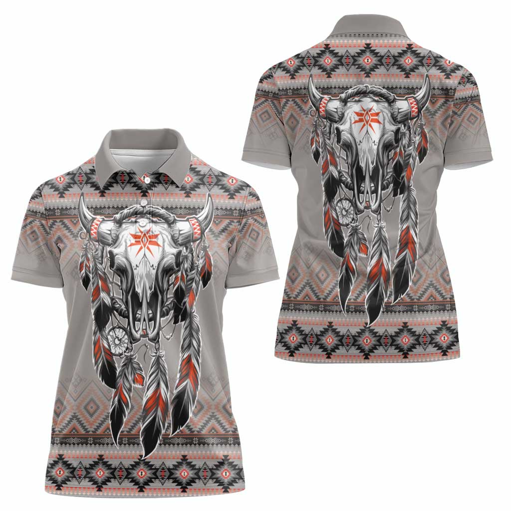 Native American Buffalo Skull Women Polo Shirt with Dream Catchers Feathers