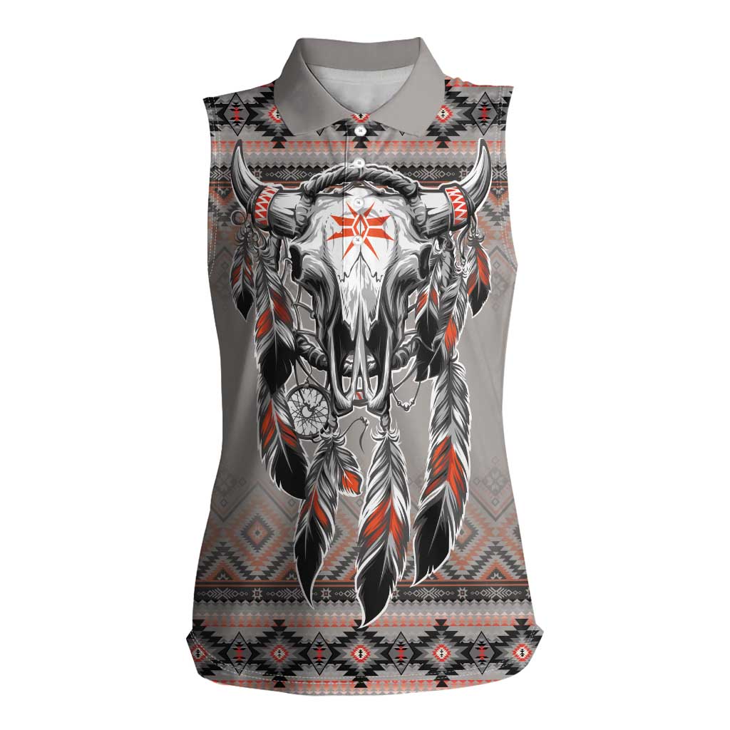 Native American Buffalo Skull Women Sleeveless Polo Shirt with Dream Catchers Feathers