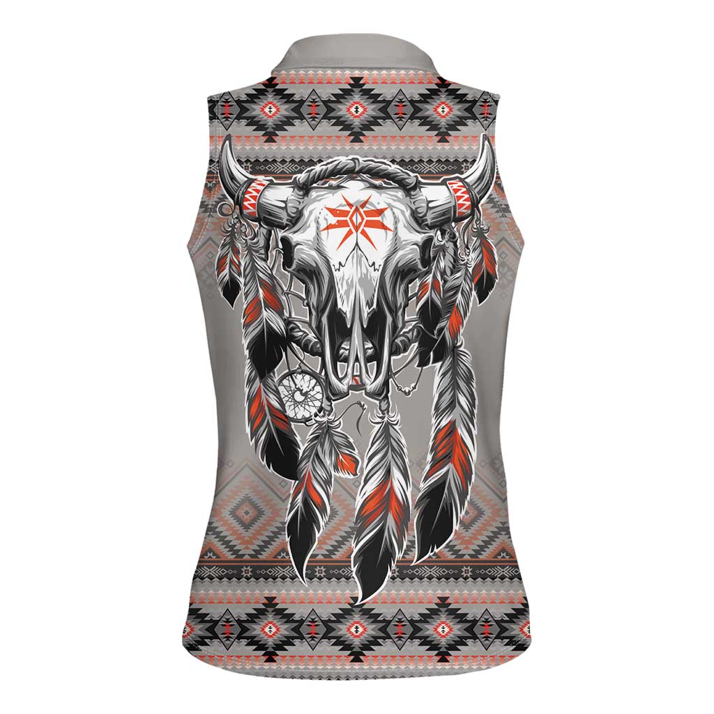 Native American Buffalo Skull Women Sleeveless Polo Shirt with Dream Catchers Feathers