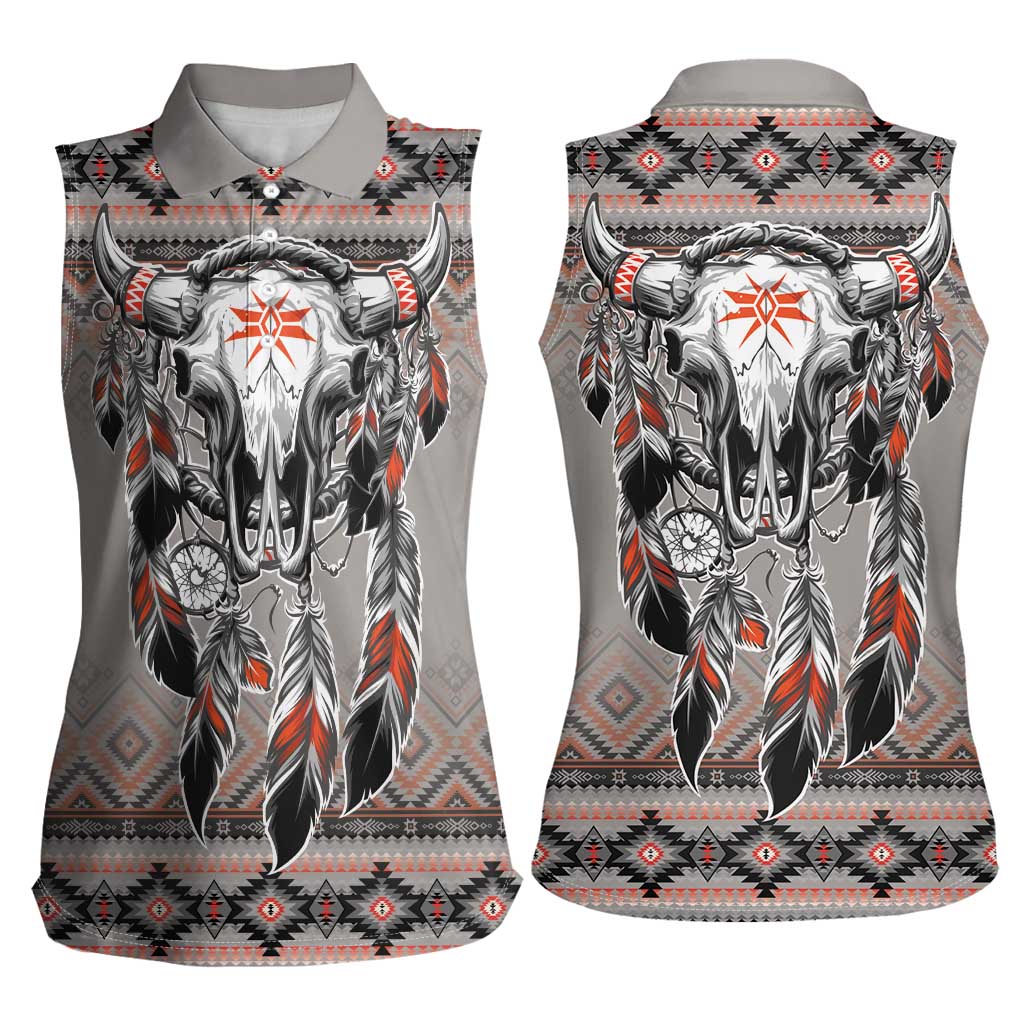 Native American Buffalo Skull Women Sleeveless Polo Shirt with Dream Catchers Feathers