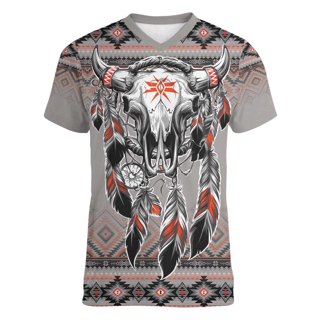 Native American Buffalo Skull Women V-Neck T-Shirt with Dream Catchers Feathers
