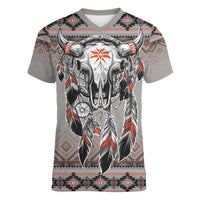 Native American Buffalo Skull Women V-Neck T-Shirt with Dream Catchers Feathers