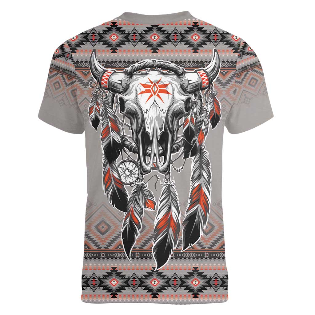 Native American Buffalo Skull Women V-Neck T-Shirt with Dream Catchers Feathers