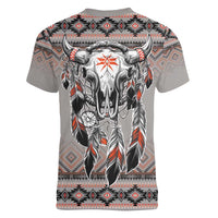 Native American Buffalo Skull Women V-Neck T-Shirt with Dream Catchers Feathers