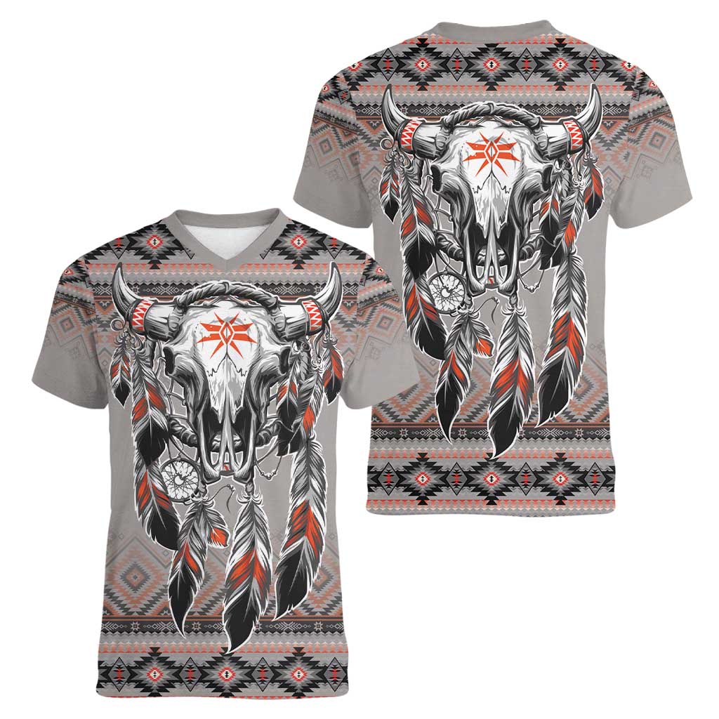 Native American Buffalo Skull Women V-Neck T-Shirt with Dream Catchers Feathers