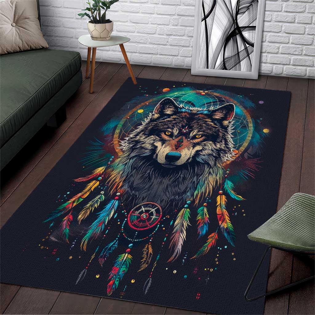 Native American Wolves Area Rug with Dream Catchers Feathers