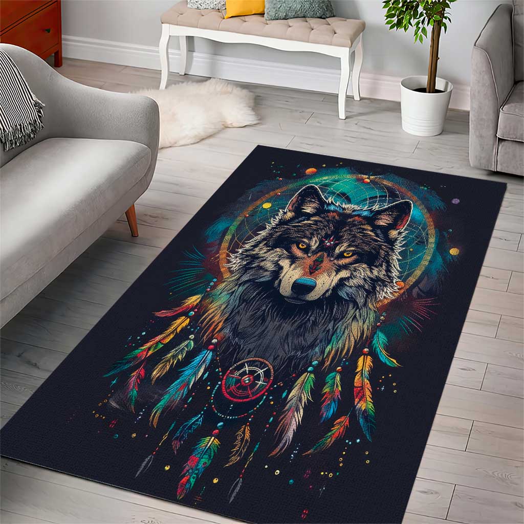 Native American Wolves Area Rug with Dream Catchers Feathers