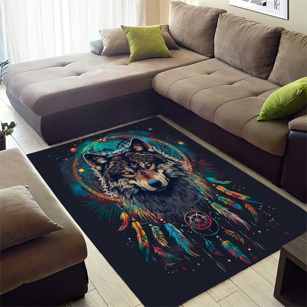 Native American Wolves Area Rug with Dream Catchers Feathers