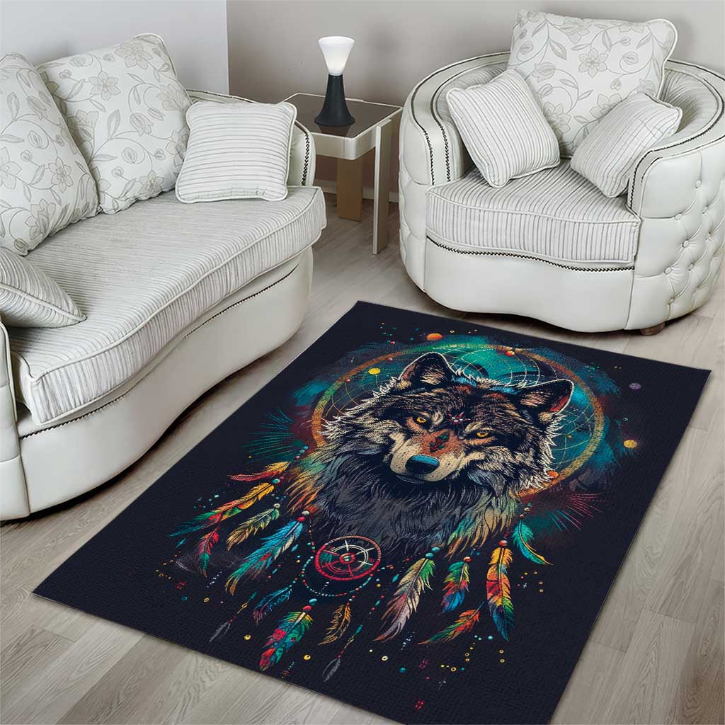 Native American Wolves Area Rug with Dream Catchers Feathers