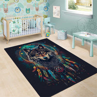 Native American Wolves Area Rug with Dream Catchers Feathers