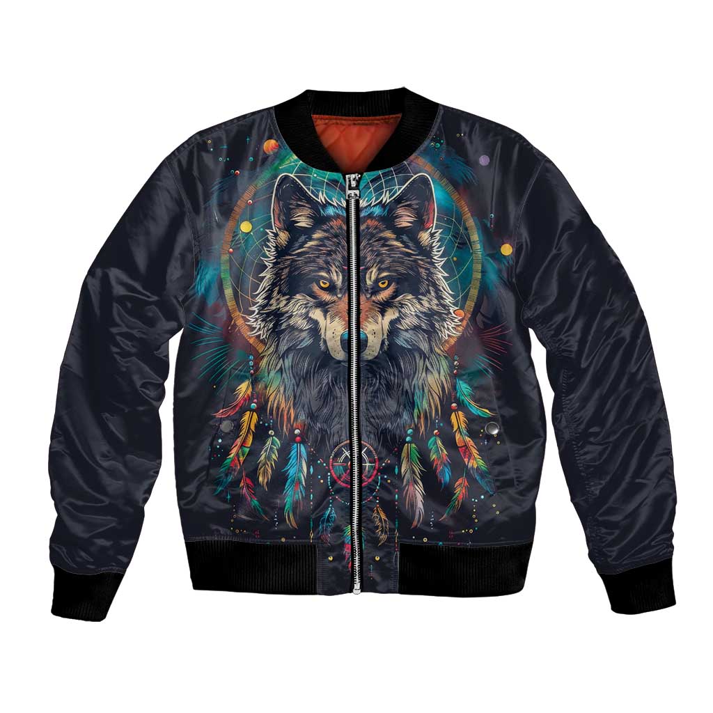 Native American Wolves Bomber Jacket with Dream Catchers Feathers