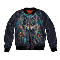 Native American Wolves Bomber Jacket with Dream Catchers Feathers