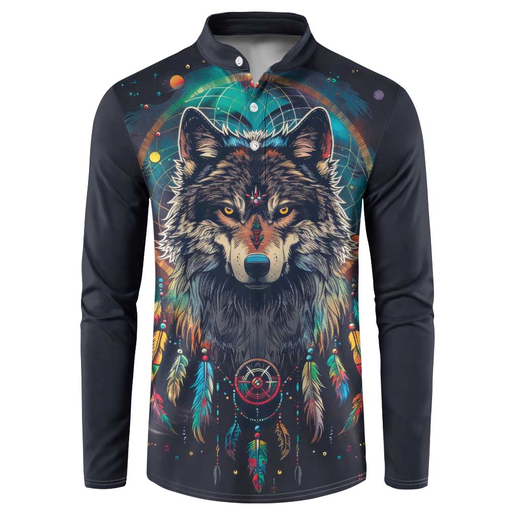 Native American Wolves Button Sweatshirt with Dream Catchers Feathers