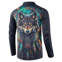 Native American Wolves Button Sweatshirt with Dream Catchers Feathers