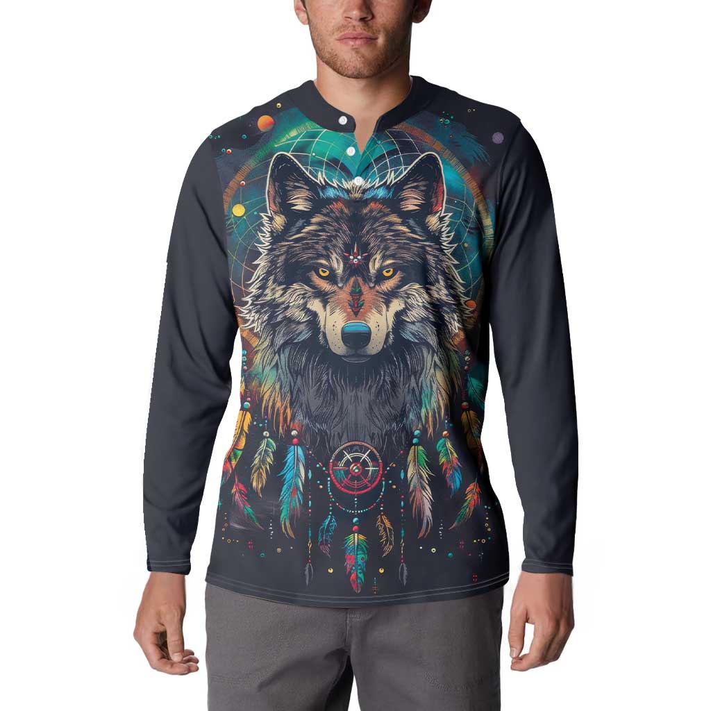 Native American Wolves Button Sweatshirt with Dream Catchers Feathers