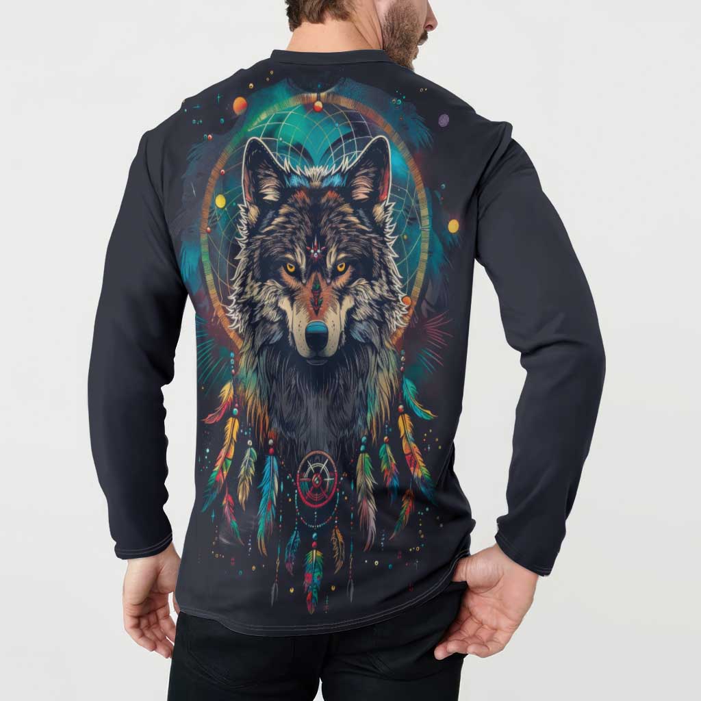 Native American Wolves Button Sweatshirt with Dream Catchers Feathers