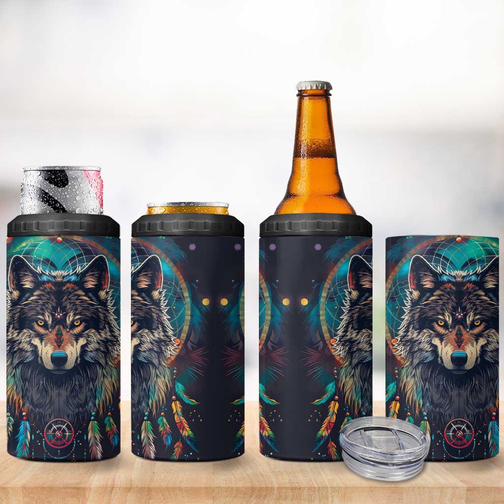 Native American Wolves 4 in 1 Can Cooler Tumbler with Dream Catchers Feathers