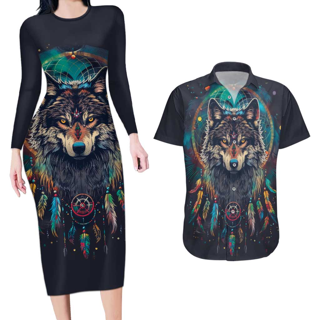 Native American Wolves Couples Matching Long Sleeve Bodycon Dress and Hawaiian Shirt with Dream Catchers Feathers