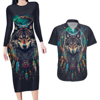 Native American Wolves Couples Matching Long Sleeve Bodycon Dress and Hawaiian Shirt with Dream Catchers Feathers