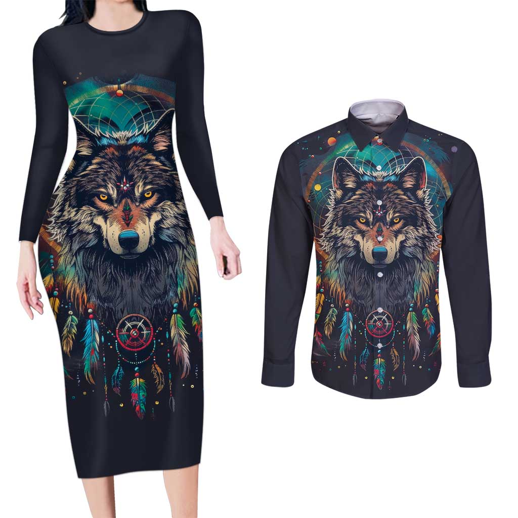 Native American Wolves Couples Matching Long Sleeve Bodycon Dress and Long Sleeve Button Shirt with Dream Catchers Feathers