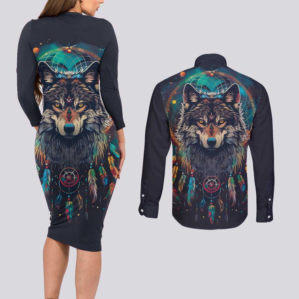 Native American Wolves Couples Matching Long Sleeve Bodycon Dress and Long Sleeve Button Shirt with Dream Catchers Feathers