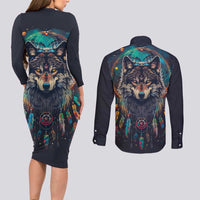 Native American Wolves Couples Matching Long Sleeve Bodycon Dress and Long Sleeve Button Shirt with Dream Catchers Feathers