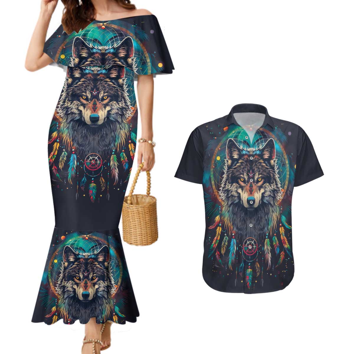 Native American Wolves Couples Matching Mermaid Dress and Hawaiian Shirt with Dream Catchers Feathers