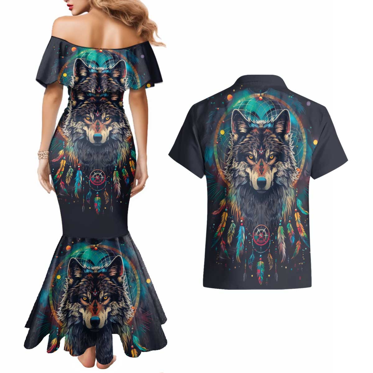 Native American Wolves Couples Matching Mermaid Dress and Hawaiian Shirt with Dream Catchers Feathers