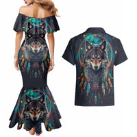Native American Wolves Couples Matching Mermaid Dress and Hawaiian Shirt with Dream Catchers Feathers