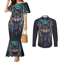 Native American Wolves Couples Matching Mermaid Dress and Long Sleeve Button Shirt with Dream Catchers Feathers