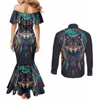 Native American Wolves Couples Matching Mermaid Dress and Long Sleeve Button Shirt with Dream Catchers Feathers