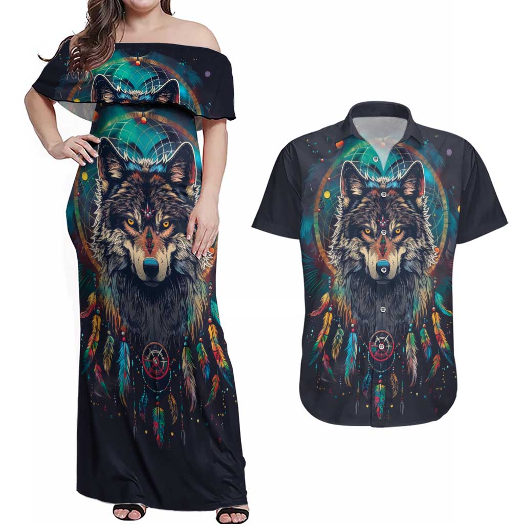 Native American Wolves Couples Matching Off Shoulder Maxi Dress and Hawaiian Shirt with Dream Catchers Feathers