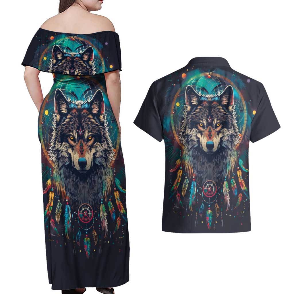 Native American Wolves Couples Matching Off Shoulder Maxi Dress and Hawaiian Shirt with Dream Catchers Feathers
