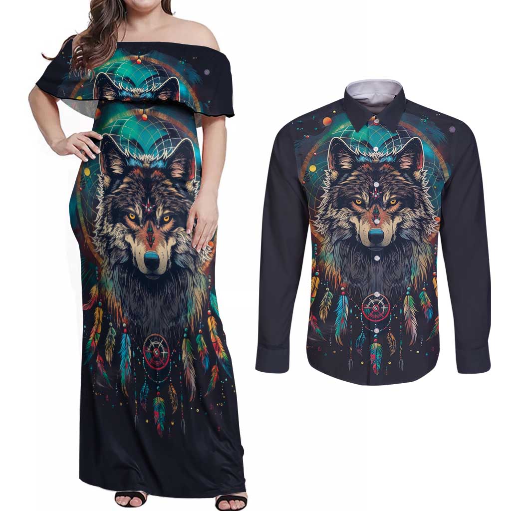 Native American Wolves Couples Matching Off Shoulder Maxi Dress and Long Sleeve Button Shirt with Dream Catchers Feathers