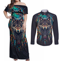 Native American Wolves Couples Matching Off Shoulder Maxi Dress and Long Sleeve Button Shirt with Dream Catchers Feathers