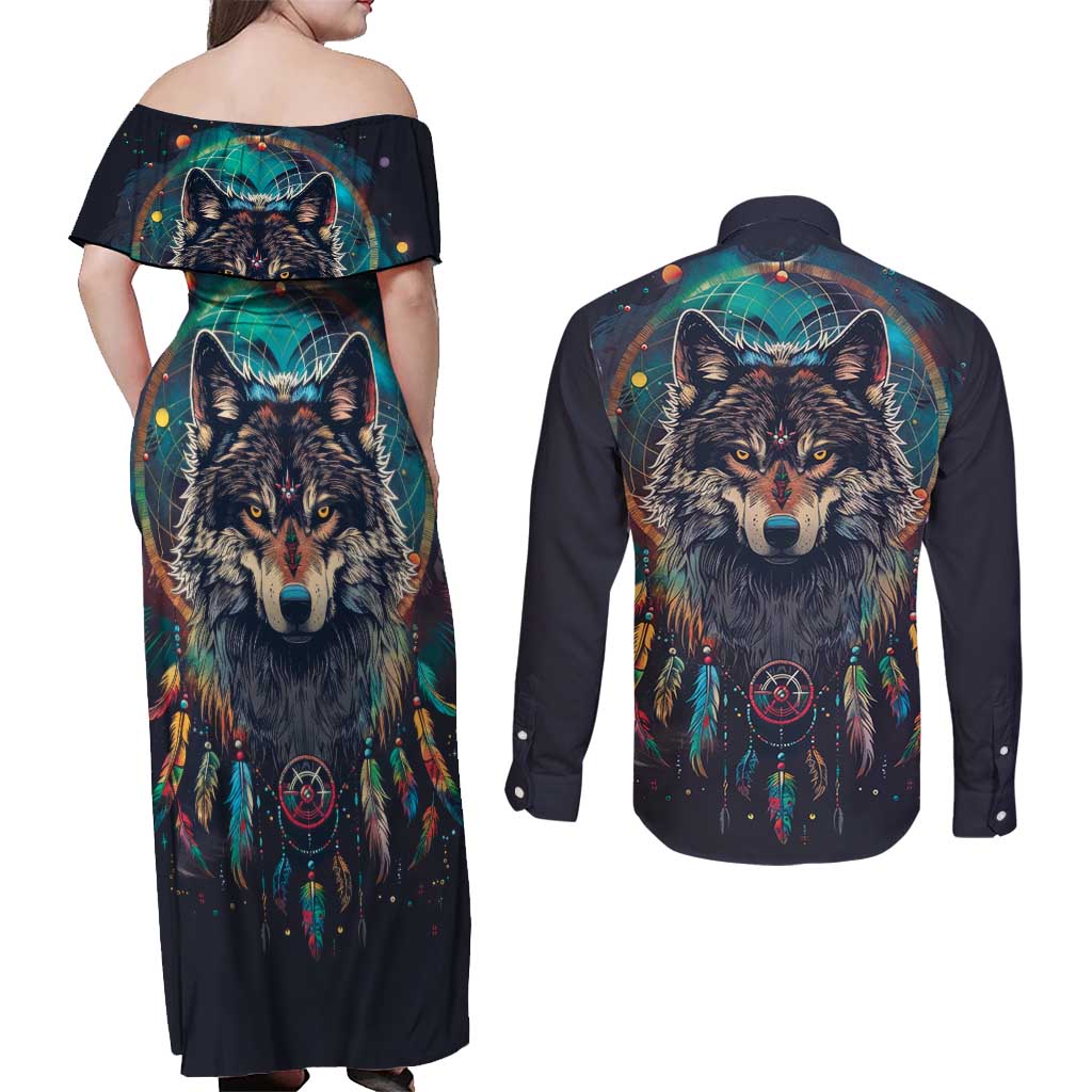 Native American Wolves Couples Matching Off Shoulder Maxi Dress and Long Sleeve Button Shirt with Dream Catchers Feathers