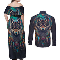Native American Wolves Couples Matching Off Shoulder Maxi Dress and Long Sleeve Button Shirt with Dream Catchers Feathers